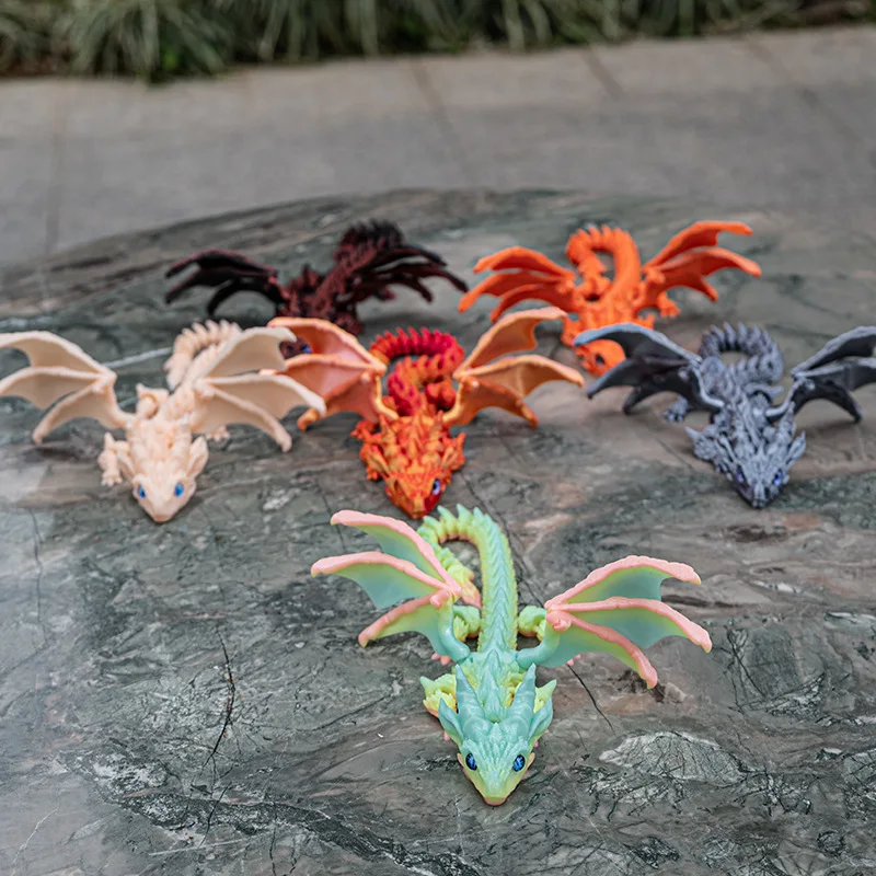 3D Printed Flying Dragon Full Body Movable Joint Fidget Toy Figurine Simulation Dragon Office Desktop Ornament Toys with Wing