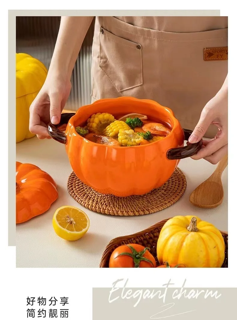 Description Picture 5 of itemPumpkin soup bowl with lid and double handles large ceramic household soup large soup bowl anti-scal