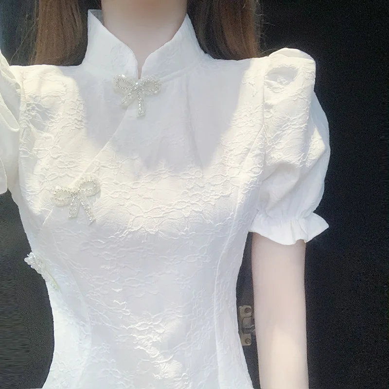 

Vintage White Cheongsam Dress Chinese Style Sexy Split Summer Qipao Vestido Slim Young Girl Elegant Party Oriental