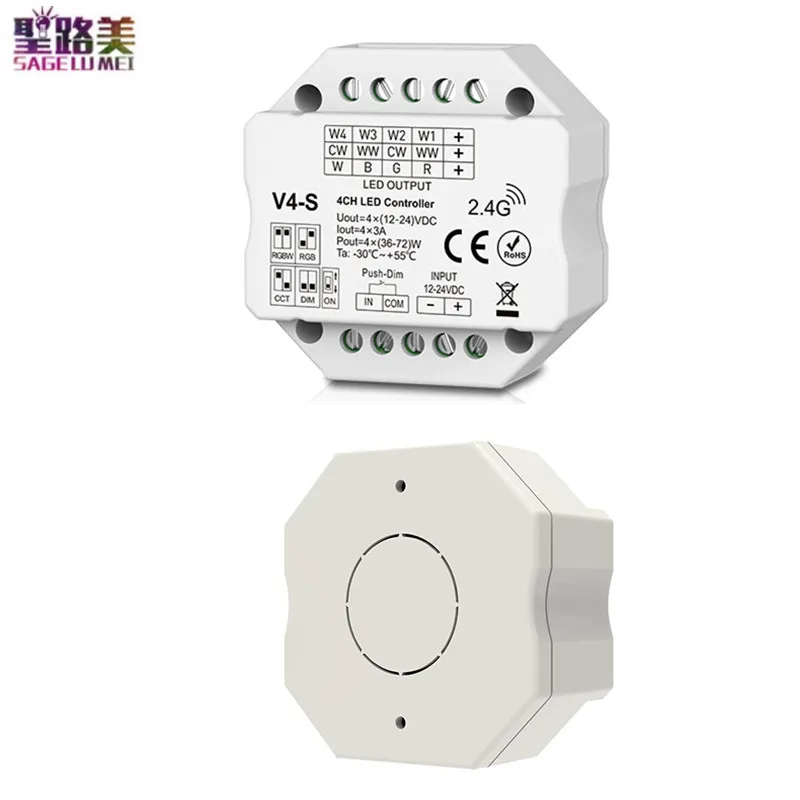 

V4-S 2.4G RF+Push Dim 4CH*3A Led RF Controller Wall Box Mounting DC12-24V for Single Color Dual Color RGB/RGBW Led Light Strip