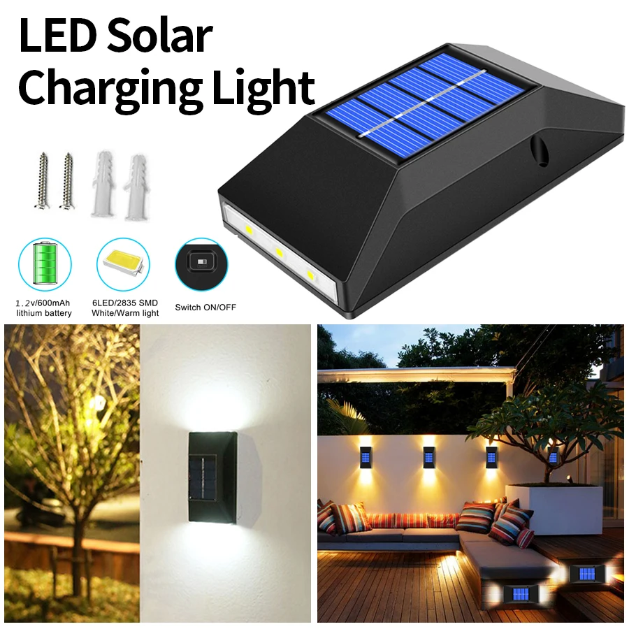 Solar Square LED Twin Head Luminous Wall Sconce Cold Warm Light Wall Washer Outdoor Patio Fence Staircase Night Lighting