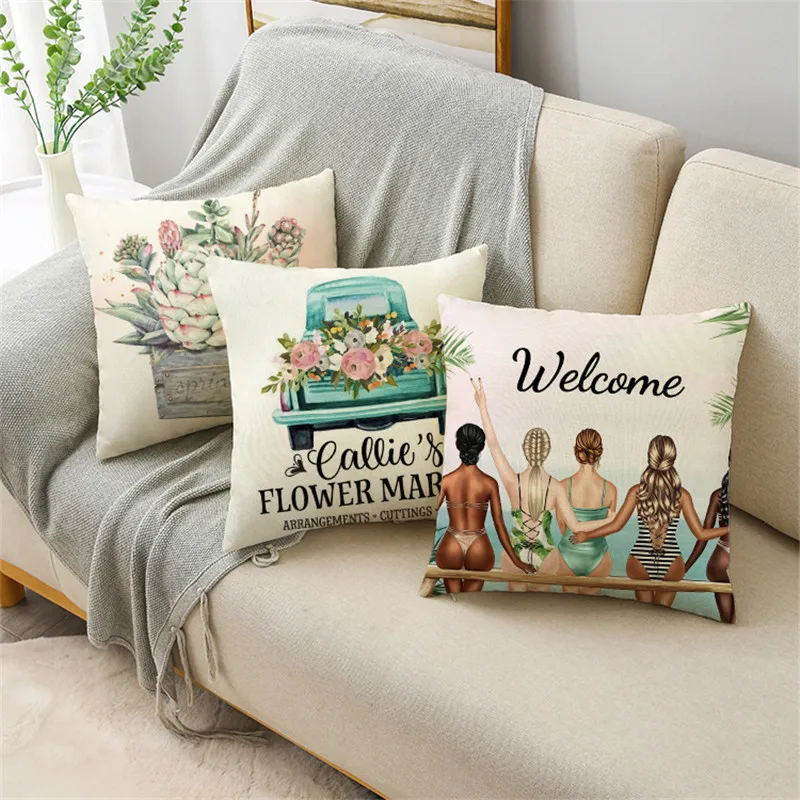 Sofa Decor Throw Pillow Linen Flower Set Living Room Pillowcase Kawaii Pink Decorative Pillows DIY |