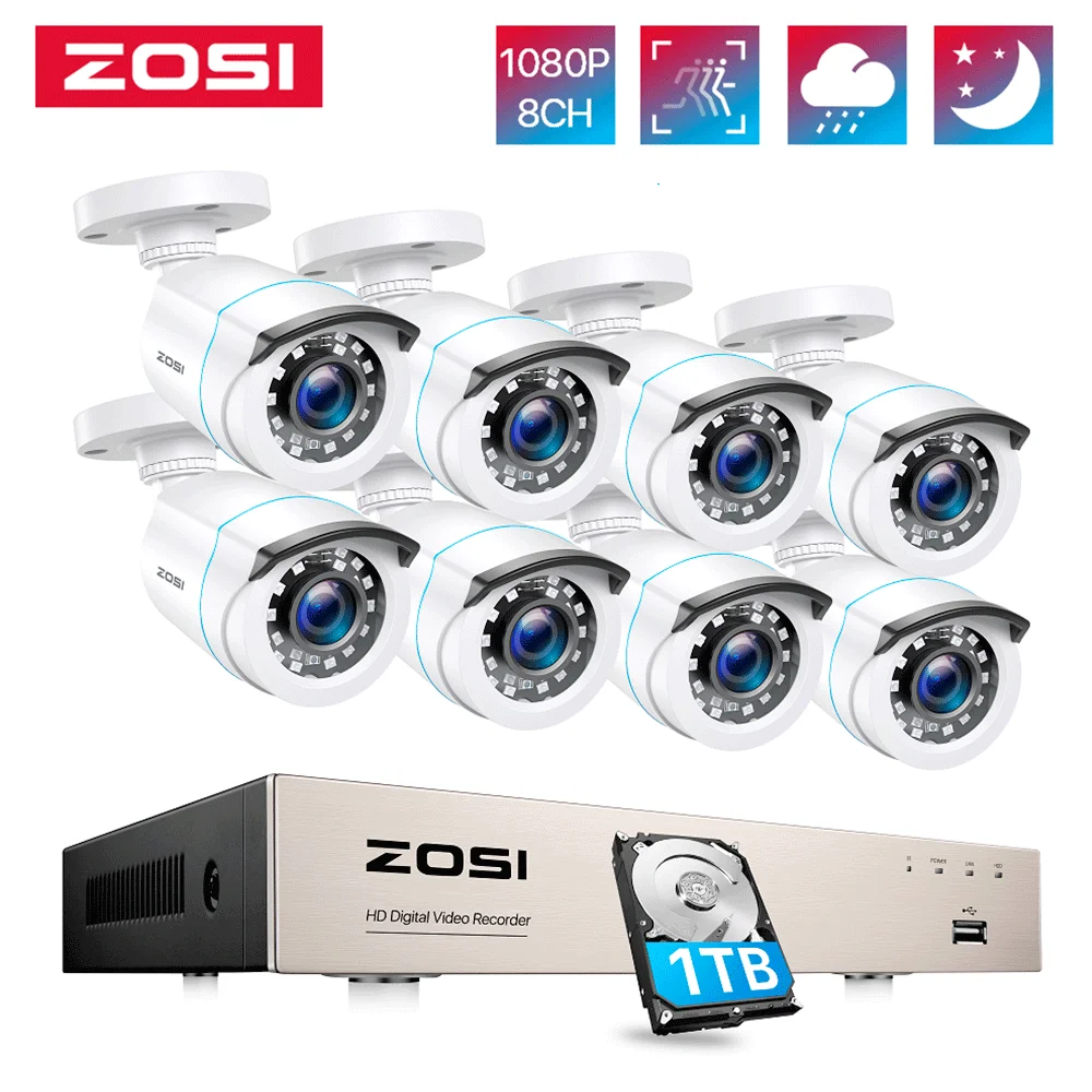 ZOSI 8CH Home Wired Security Camera System 1080p H.265+ DVR 8PCS 2.0MP Outdoor CCTV Cameras Video Surveillance DVR Kit