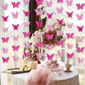 3D Butterfly Paper Garland Banner - Colorful Hanging Decorations for Wedding, Birthday, Ceiling, Outdoor Garden Party - Red