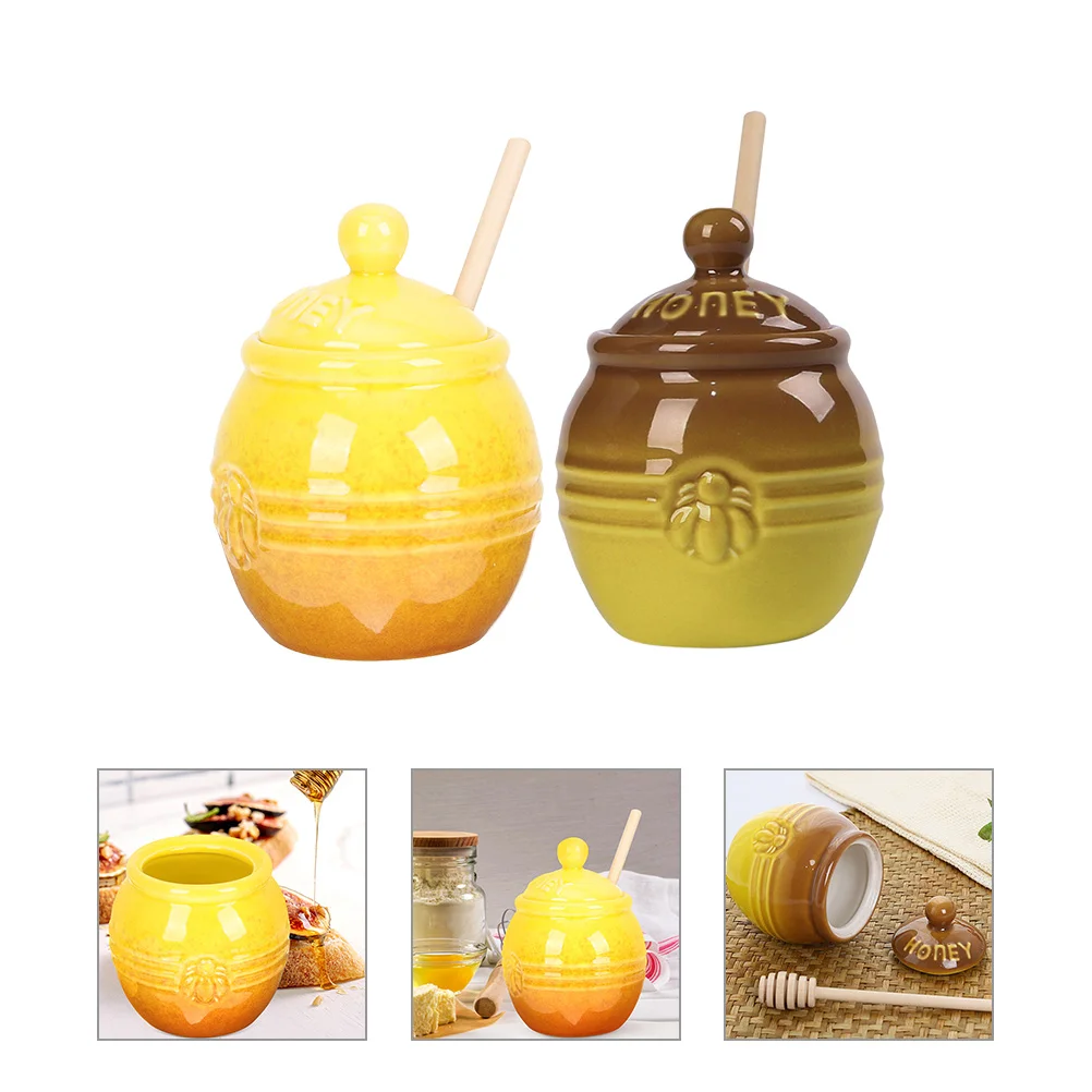 

2 Set of Ceramic Honey Pot with Dipper Lid Honey Jar Honey Storage Container Kitchen Decoration