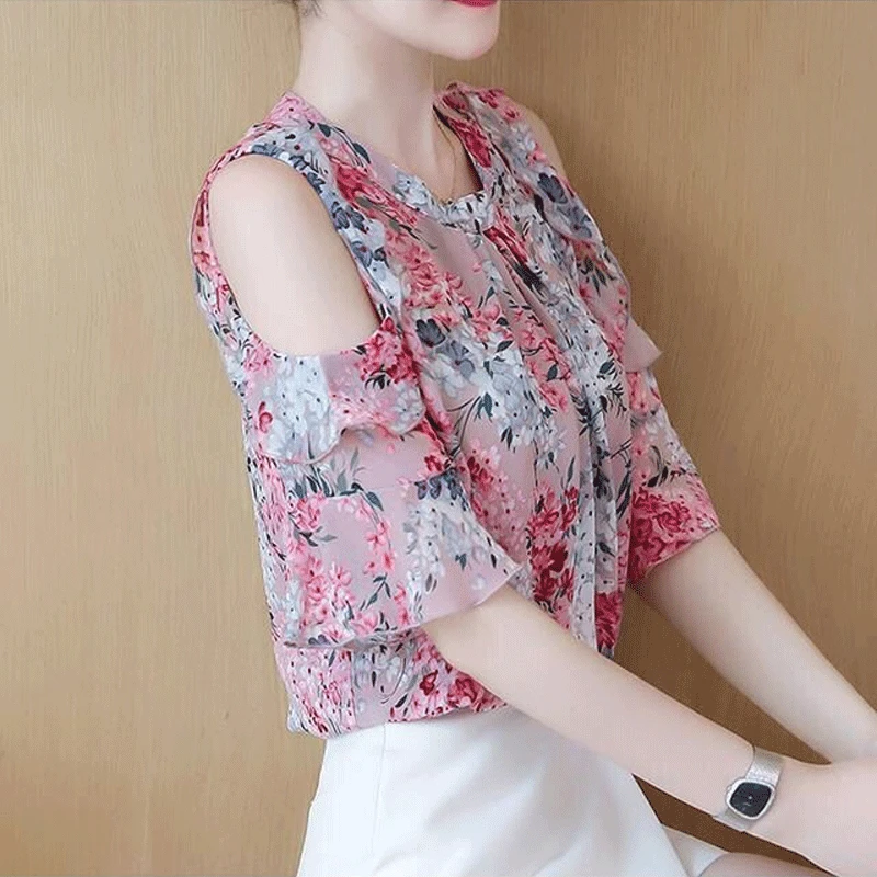 2023 Summer New Fashion Causal Printed Short Sleeve Round Neck Off Shoulder Vintage Simplicity Commute Spliced Ruffles T-shirt