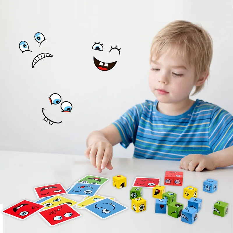 Kids Montessori Toys DIY Face Emoticon Change Cube Wooden Blocks with 64 pcs Cards Learning Education Toy 2