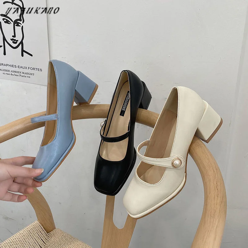 Thick Heel Mary Jane Single Shoes Women Classical 2021 French Style Temperament Square Toe Ladies Small Leather High Heels | Обувь
