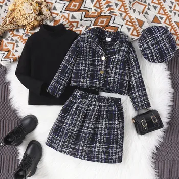 Autumn Winter New Girls High-neck Long-sleeved Top+Tweed Suit Jacket+Skirt+Beret 4Pieces Set Casual Kids Clothing Age 3T-8T 3