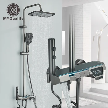 Set doccia digitale LCD grigio pistola Bagno Controllo caldo freddo Sistema doccia a sciacquone con regolazione multi-angolo Montaggio a parete 1