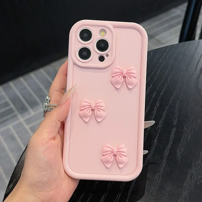 3D Pink Cute Bowknot Silicone Soft Phone Case For iPhone 17 16 15 14 13 12 11 Pro Max XS XR X 7 8 Plus Shockproof Bumper Cover