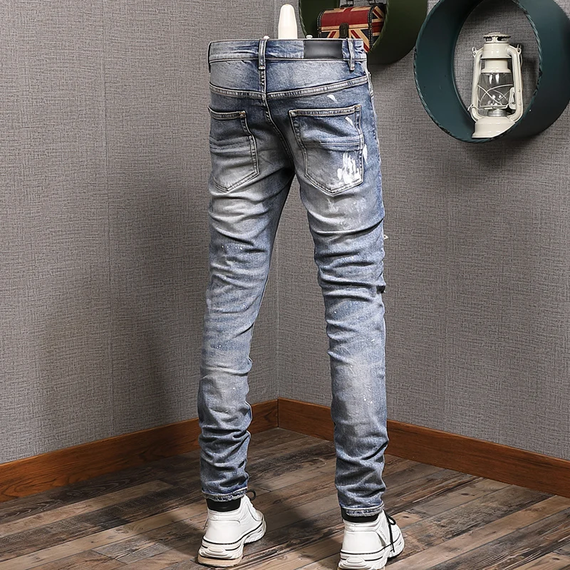 Street Fashion Men Jeans Retro Washed Blue Stretch Skinny Fit Ripped Jeans Men Painted Patched Designer Hip Hop Brand Pants