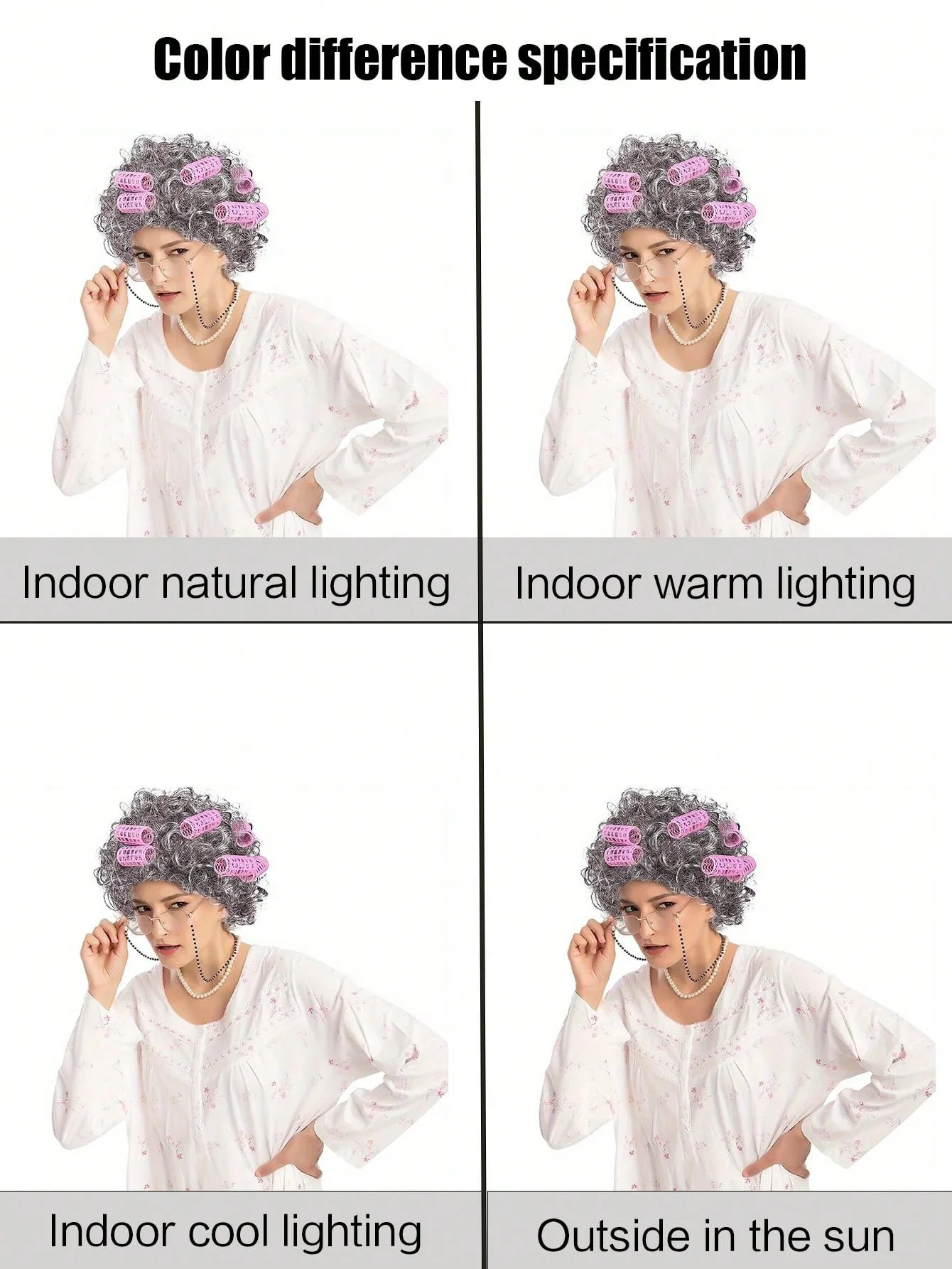 Old Lady Costume Set - Grandmother Synthetic Wigs, Wig Caps, Granny Glasses, Glasses Retention Chains, Pearl Necklaces