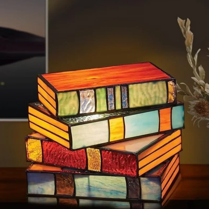 

Stacked Books Lamp Nightstand Desk Lamps Resin Handicraft Stacked Books Light Stained Glass Table Desk Reading Light Decorative