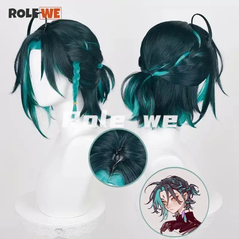 

New Xiao Cosplay Wig Game Genshin Impact Xiao 35cm Short Green Mixed Braid Wig Heat Resistant Synthetic Cosplay Anime Wigs