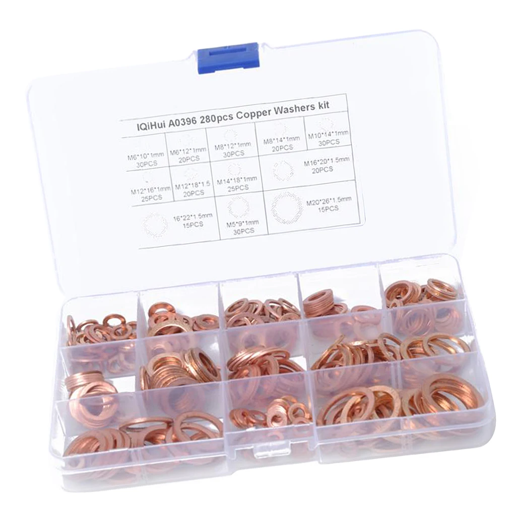 280pcs Copper Washer Gaskets Assortment Kits Flat for Oil Brake