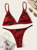 Sexy Satin Wine Red Triangle Micro Bikini Sets Two Pieces Thong Swimsuit Swimwear Beach Outfits for Women Conjunto De Bikini