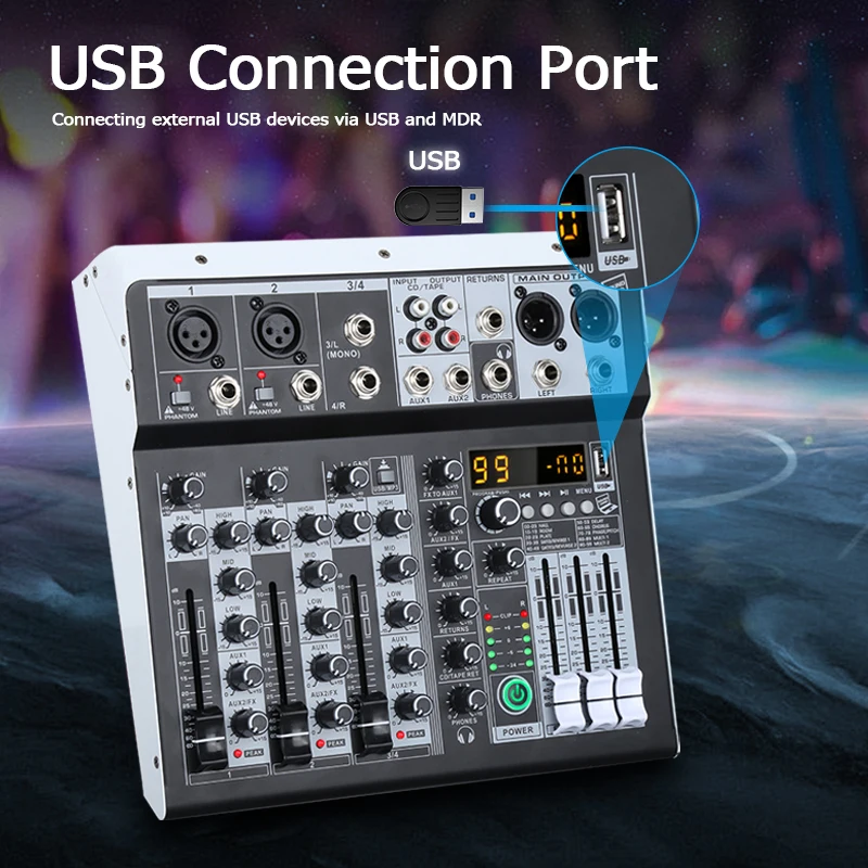 KP4 오디오 믹서 4채널 99개 DSP 이펙트 레코드 PC 48V 팬텀 파워 USB 사운드 믹서 블루투스 DJ 콘솔 믹싱 (노래방용)