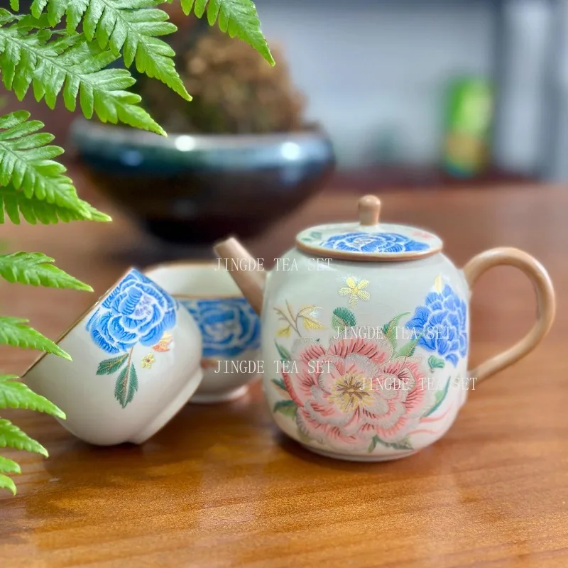 Chaozhou Embroidered Peony Teapot Chinese High-end Kung Fu Tea Set Household Lid Bowl Master's Tea Cup Tea Pot Underglaze Color