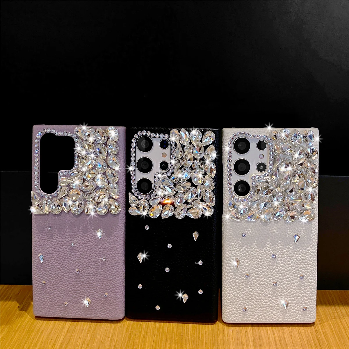 Black Leather Glitter Silver Diamond Case For Samsung Galaxy S25 S24 Ultra S23 S22 A33 A53 A54 A34 Bling Rhinestone Hard Cover