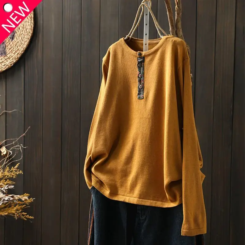 

Autumn Sports Chic Minimalist Sweaters Women Trendy Classic Solid Color Round Collar Long Sleeve Button Loose Casual Pullover