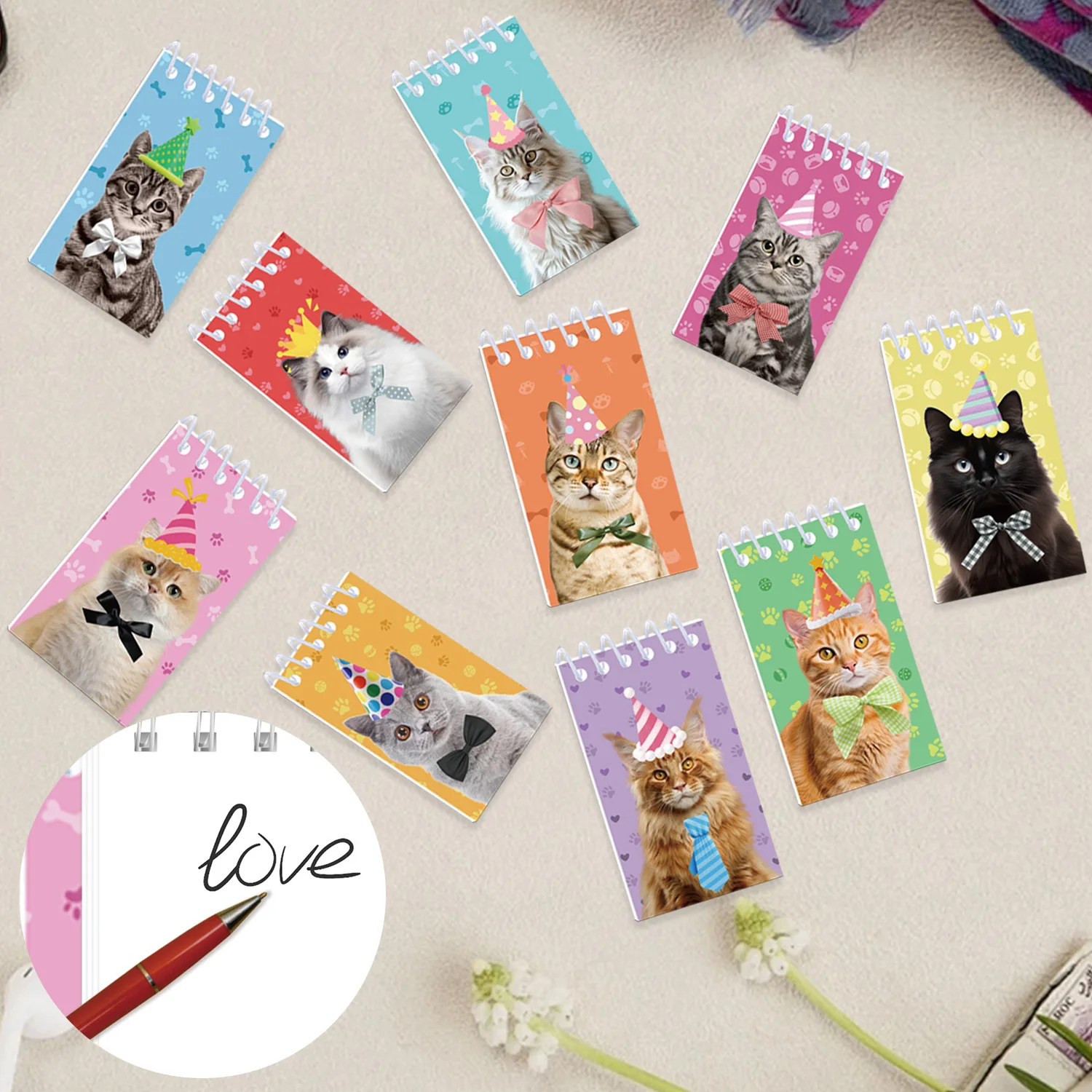 10er-Pack Kleine Katzen-Taschennotizbücher, Mini-Notizbücher für Partygeschenke, Mini-Spiralnotizblöcke, Niedliche Memo-Pads – Detail 2