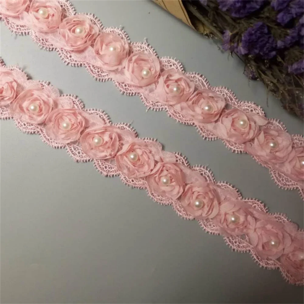 

2 Yard Pink Rose Flower Pearl Chiffon Embroidered Lace Trim Ribbon Fabric Handmade DIY Vintage Wedding Dress Sewing Craft