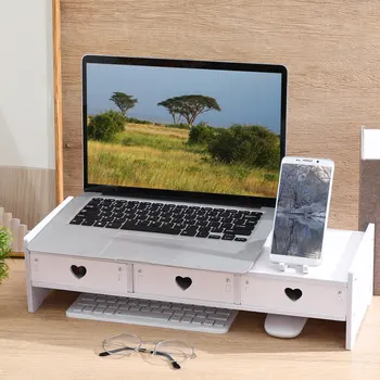 Supporto per Monitor da Scrivania con Cassetto Estraibile per Tastiera e Accessori, Organizzatore Minimalista in PVC e Composito Legno-Plastica