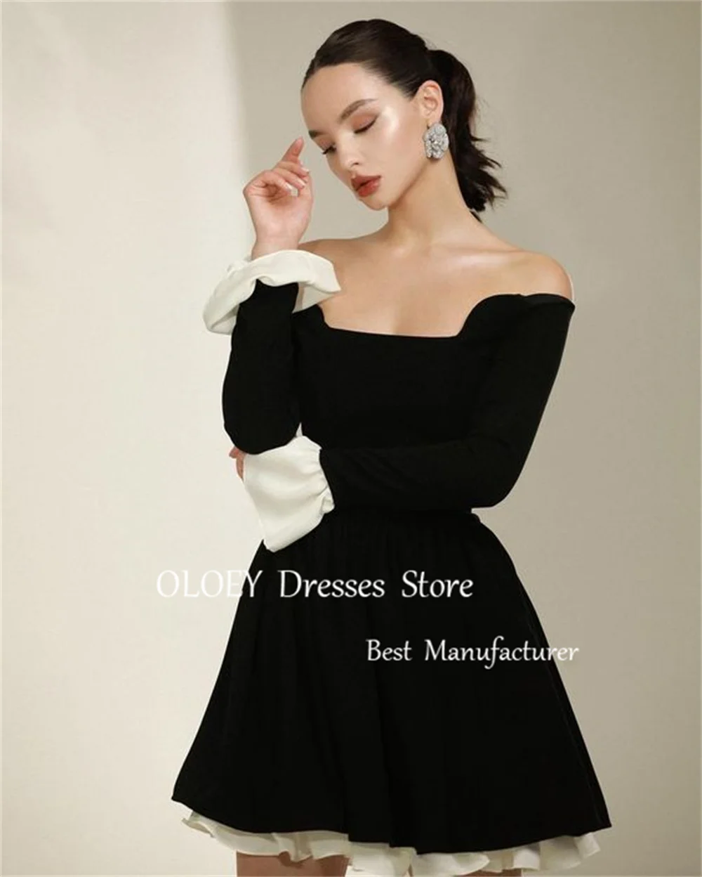 OLOEY Modest Black Mini Prom Cocktail Dress Pleats Off Shoulder Short Wedding Party Dress A Line Full Sleeves Formal