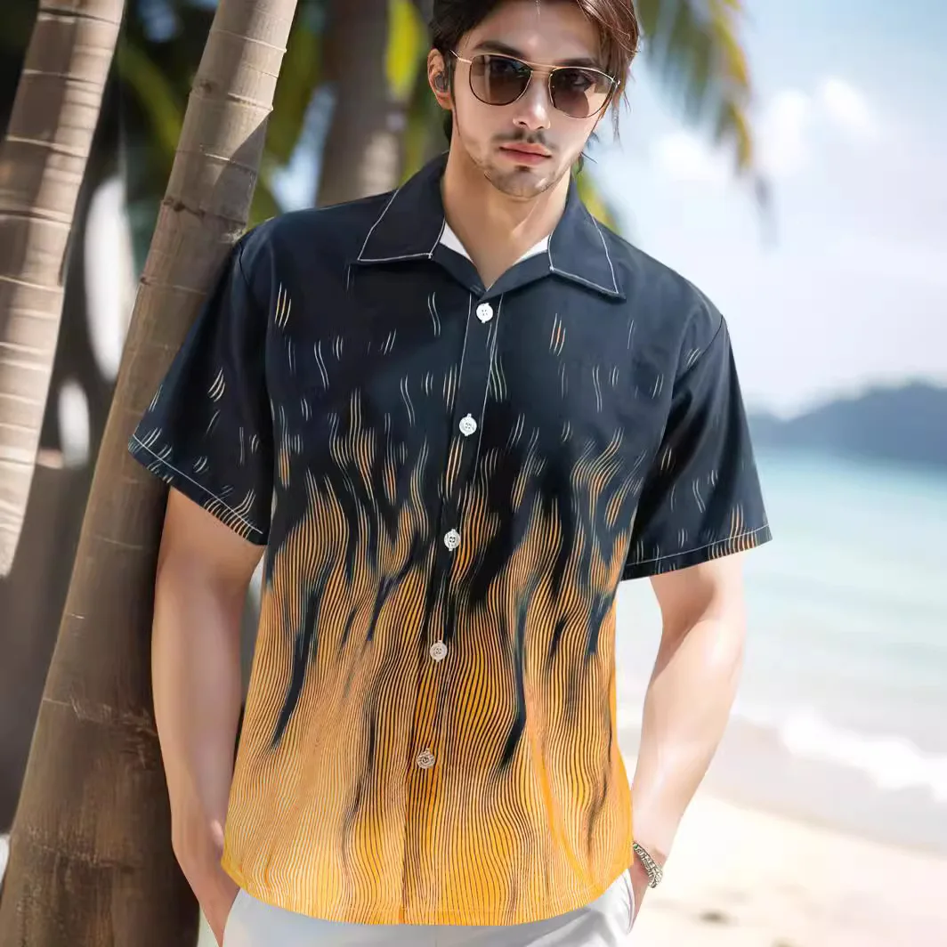 Summer Beach Shirt Men Floral Fashion Hawaiian Flame Casual Short Sleeve Single-Breasted Imported Clothing Streetwear Resort