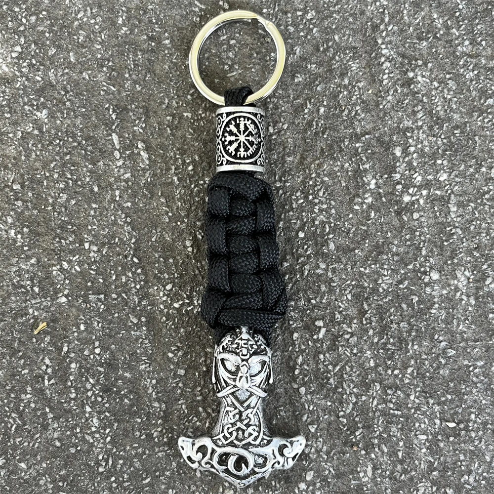 Nostalgia 1Pcs Odin Thor Hammer Mjolnir Jewelry Mens Keychains Viking Beads Amulet Handmade Knife Key Lanyard Keyholder