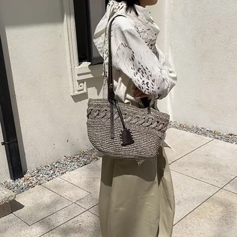 Summer Fashion Straw Woven Shoulder Bags Leisure Underarm Shoulder Bags Women Large Capacity Boho Tote Handbag