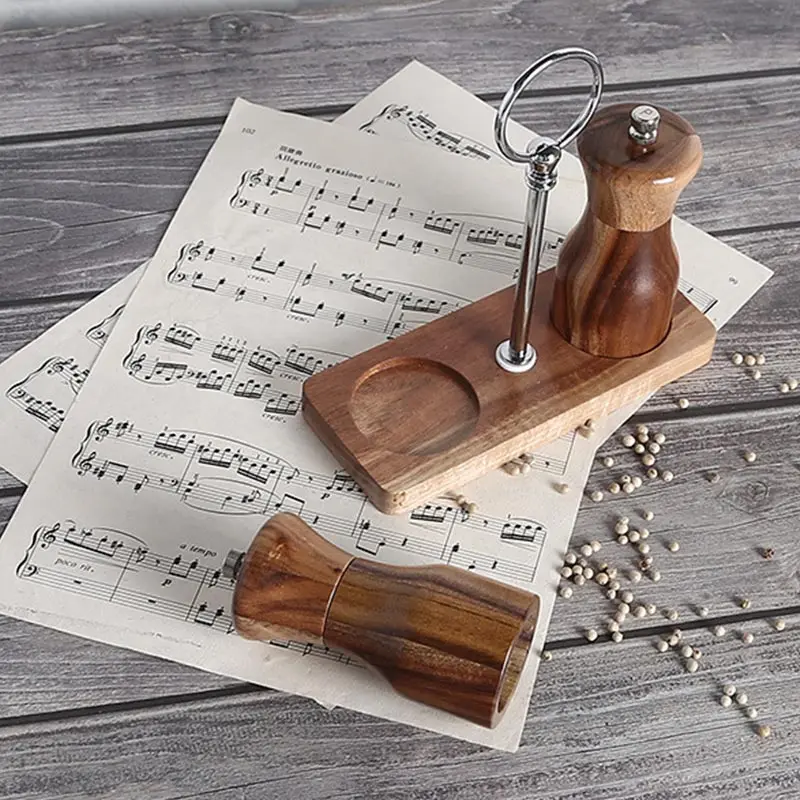 Salt and Pepper Mill Tray Acacia Wood Base Tray Pepper Mill Holder Kitchen Shaker Grinder With Zinc Alloy Handle