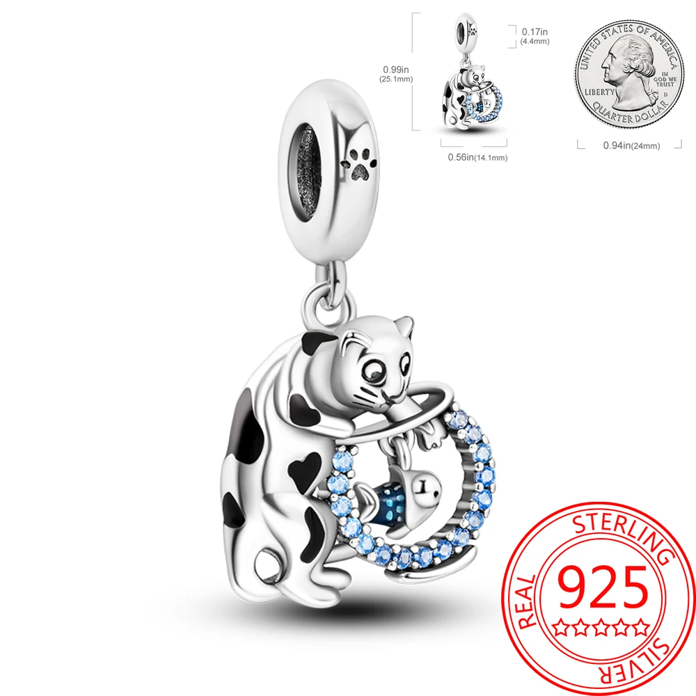 

Cute and Interesting Pets 925 Sterling Silver Cat Catching Fish Pendant Fit Pandora Bracelet Boutique Matching Gift