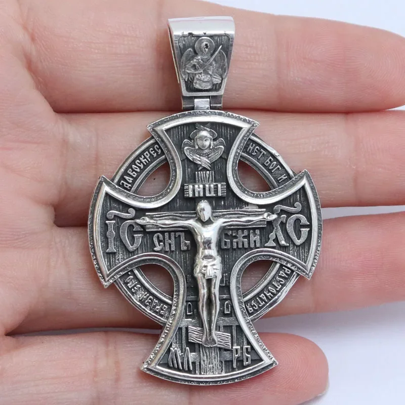 

37g Big Heavy Orthodox Cross Saints Cherubs Religious Art Relief for Men and Dads Gift 925 SOLID STERLING Silver Pendant