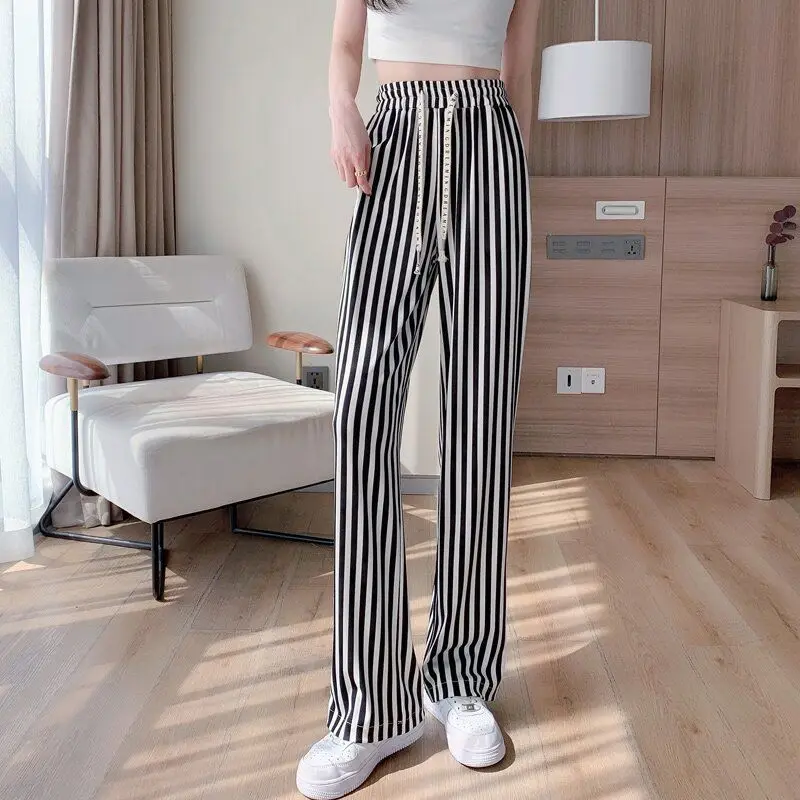 Striped High Waist Casual Pants for Women Streetwear Bright Silk All-match Wide Leg Korean Women's Clothes New Trousers 2023 bright yellow men s solid set nigerian fashion cotton short sleeve tops elastic waist trousers tailored african wedding suit