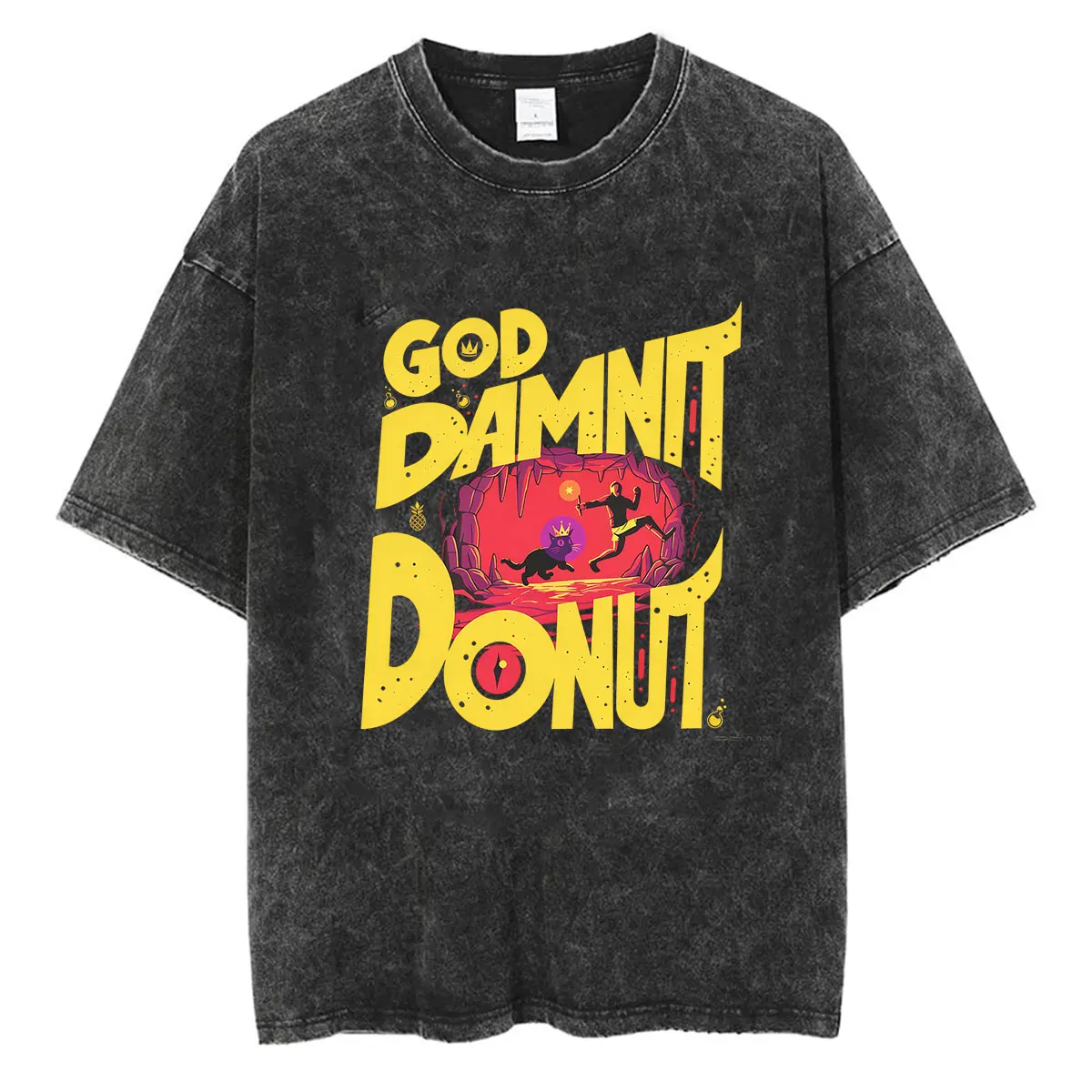 Hot Game Dungeon Crawler Carl Vintage Washed T-Shirt God Damnit Donut Cat Tops Kleidung Kurzarm-T-Shirts Herren Damen T-Shirt