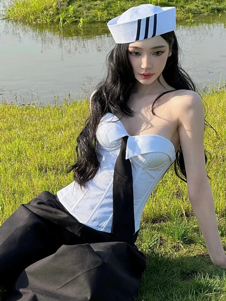 Nibber Simple 2-Piece Set Women Low-Neck Necktie Fishbone Strapless Tops+Zipper Button Suit Pants Matching Commute Sexy Suits