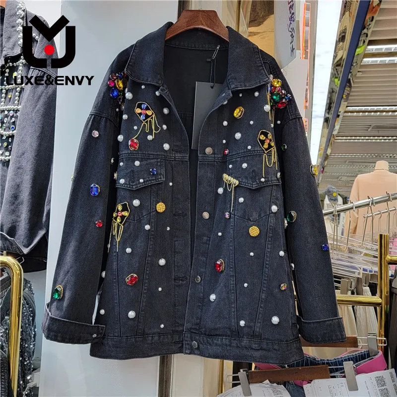 

LUXE&ENVY European Station New Heavy Industry Handmade Colorful Diamond Chain Stereoscopic Decoration Women's Denim Long Sleeve