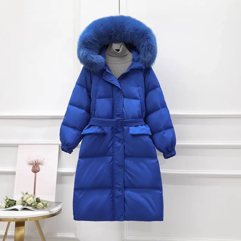 

2023 Winter New White Duck Down Coat Women Mid Length True Fur Collar Windproof Hood Loose Warm Fashion Belt Parkas Women