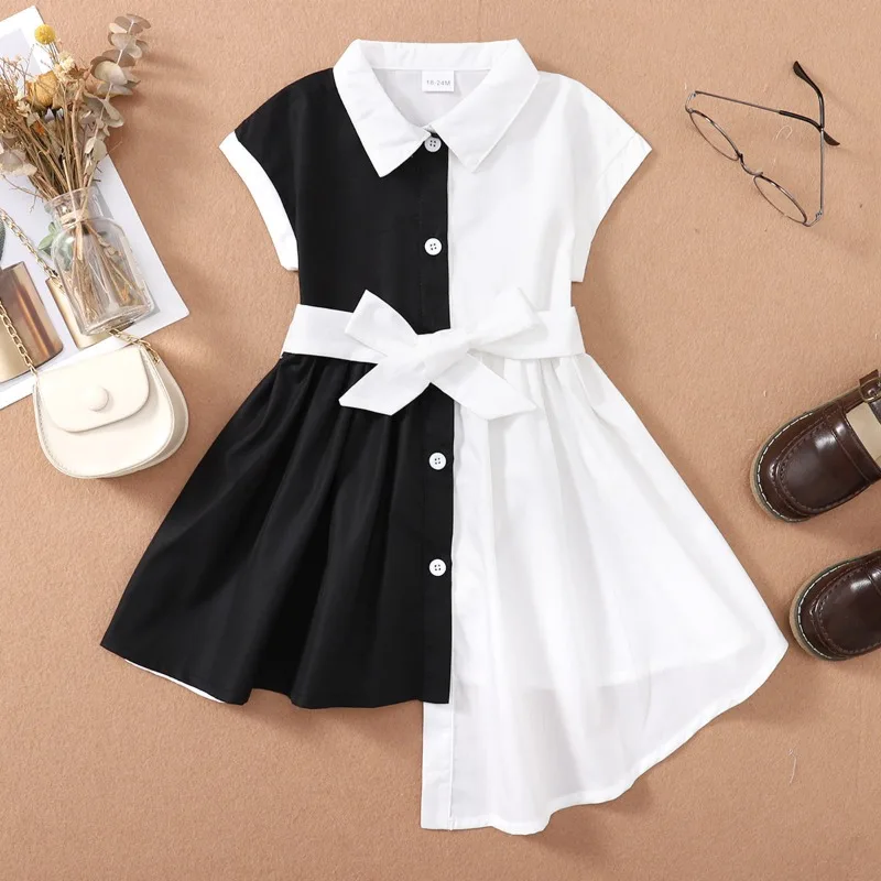 

Fashion Baby Girl Dress Patchwork Black and White Lining Dress Summer Lovely 2023 Childrens Clothing 4-6y Kids Clothes
