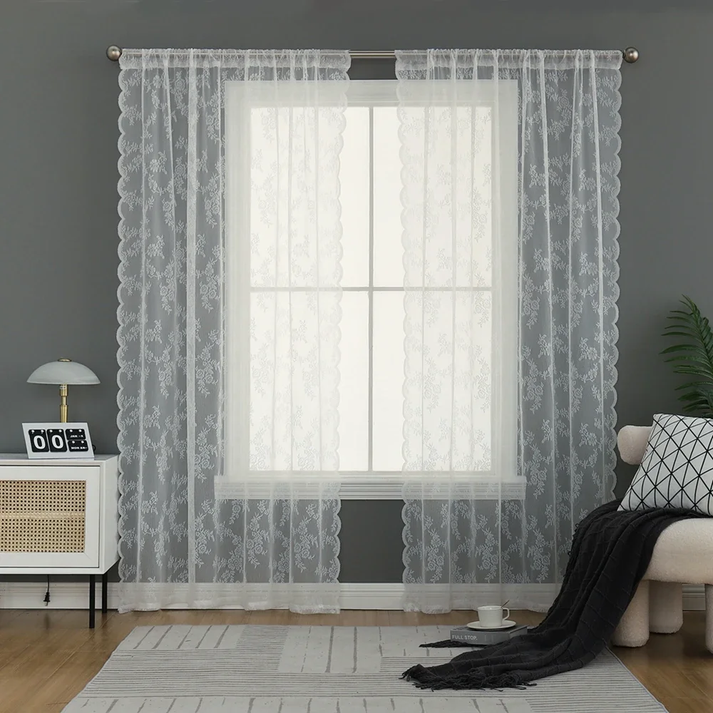 Lace Plant Beauty Flower Curtains 1 Piece Finished Rod Outdoor Pastoral Style White Yarn Curtains Bedroom Convex Window Decoration
