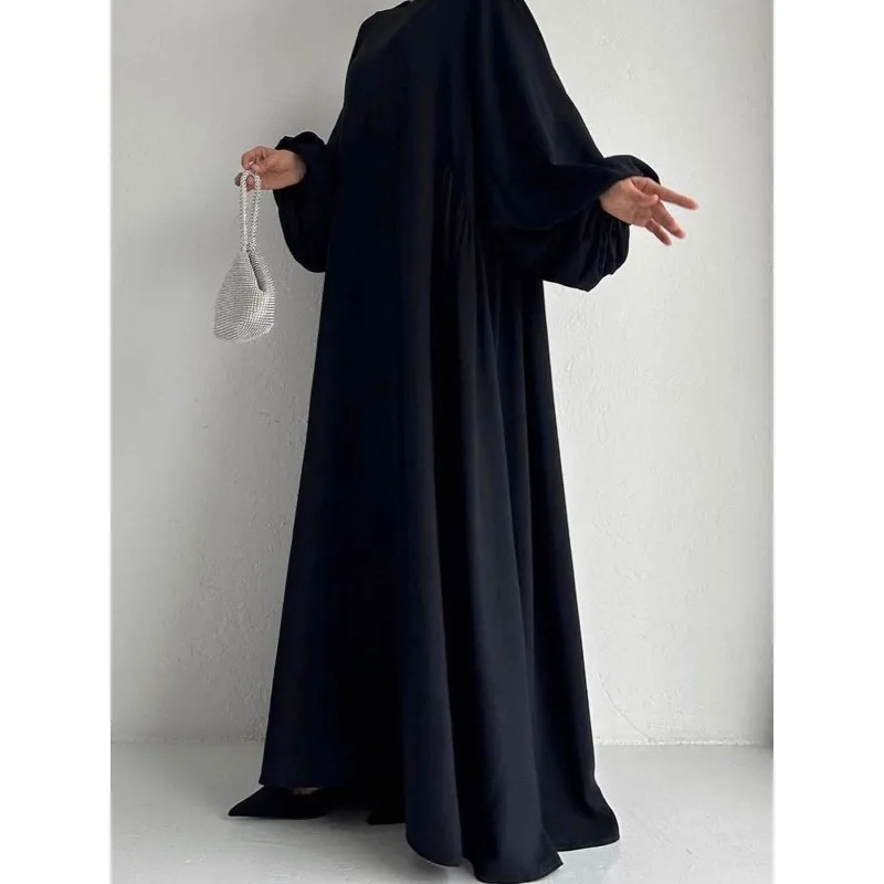 Damen Einfarbiges Abaya Islamisches Maxikleid 2026 Elegantes Loses Langarm-Kleid mit Puffärmeln Lässiges Bescheidenes Kleid für den Alltag