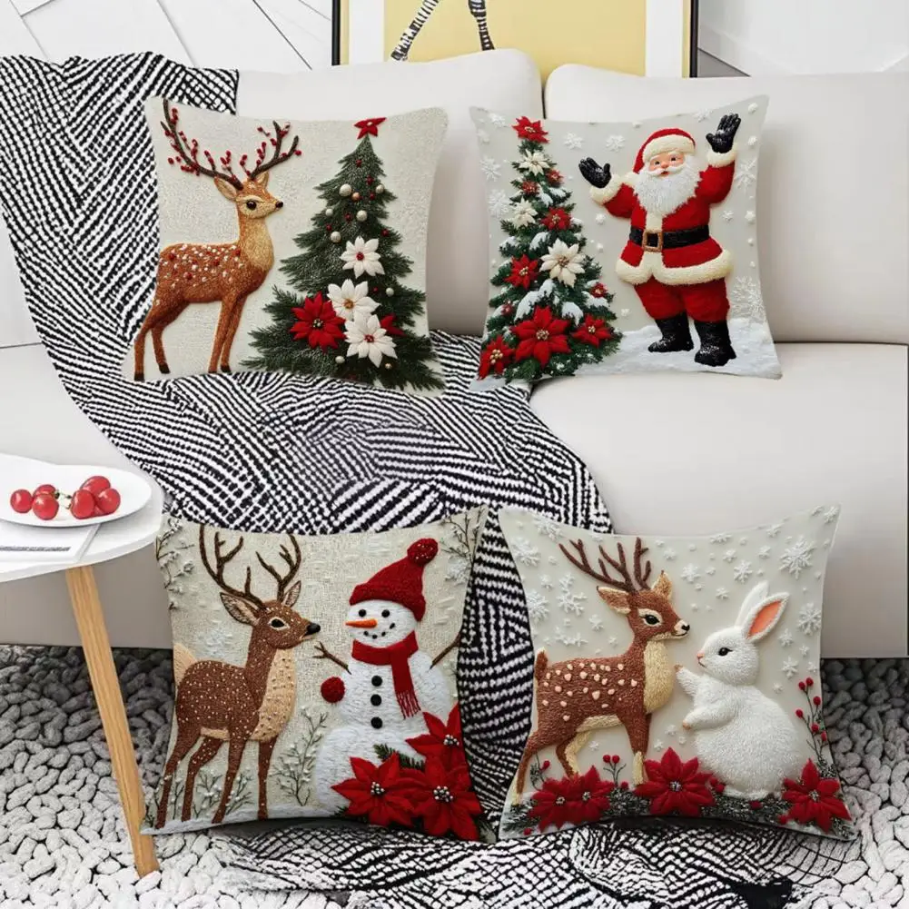 18 Inch Christmas Pillow Cover Santa Reindeer Cushion Cover With Hidden Zipper Tree Snowman Throw Pillow Case For Home Decor