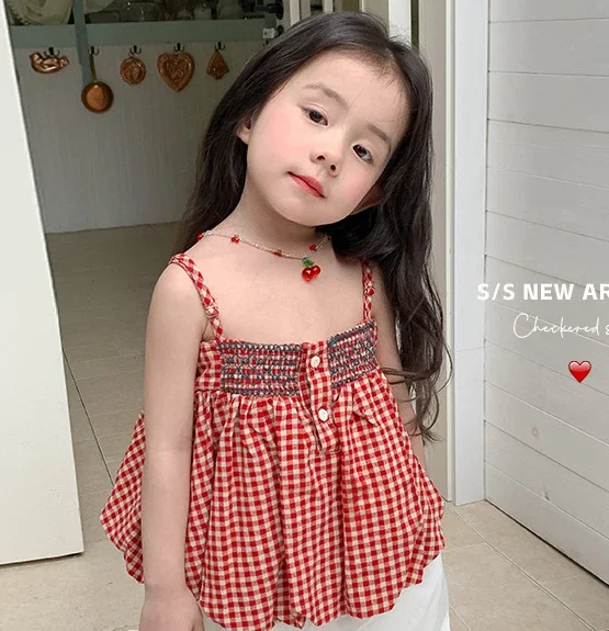 여아용 빨간 격자 무늬 스커트, 인형 셔츠, 짧은 치마, 귀여운 옷, 2024 여름..