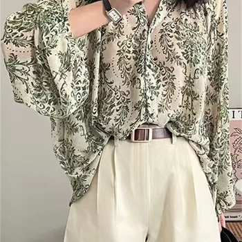 2023 여름 V넥 랜턴 소매 루즈 블라우스 셔츠, 빈티지 보호 꽃 프린트 쉬폰 셔츠, 자외선 차단 셔츠