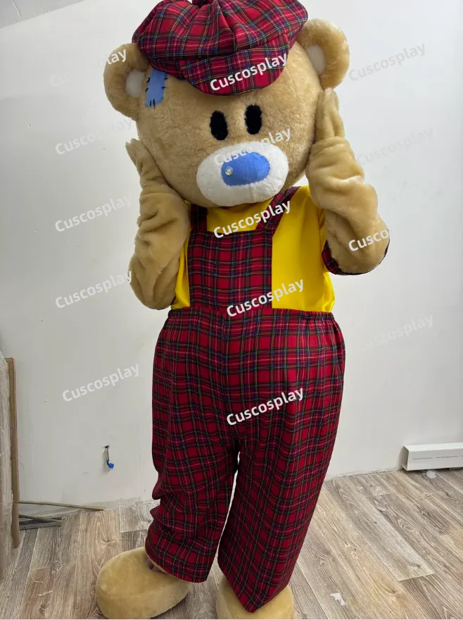 

New Adult Hot Sale Foam Teddy Bear Fancy Cartoon Mascot Costume Plush Christmas Fancy Dress Halloween Checkered Suspender Pants