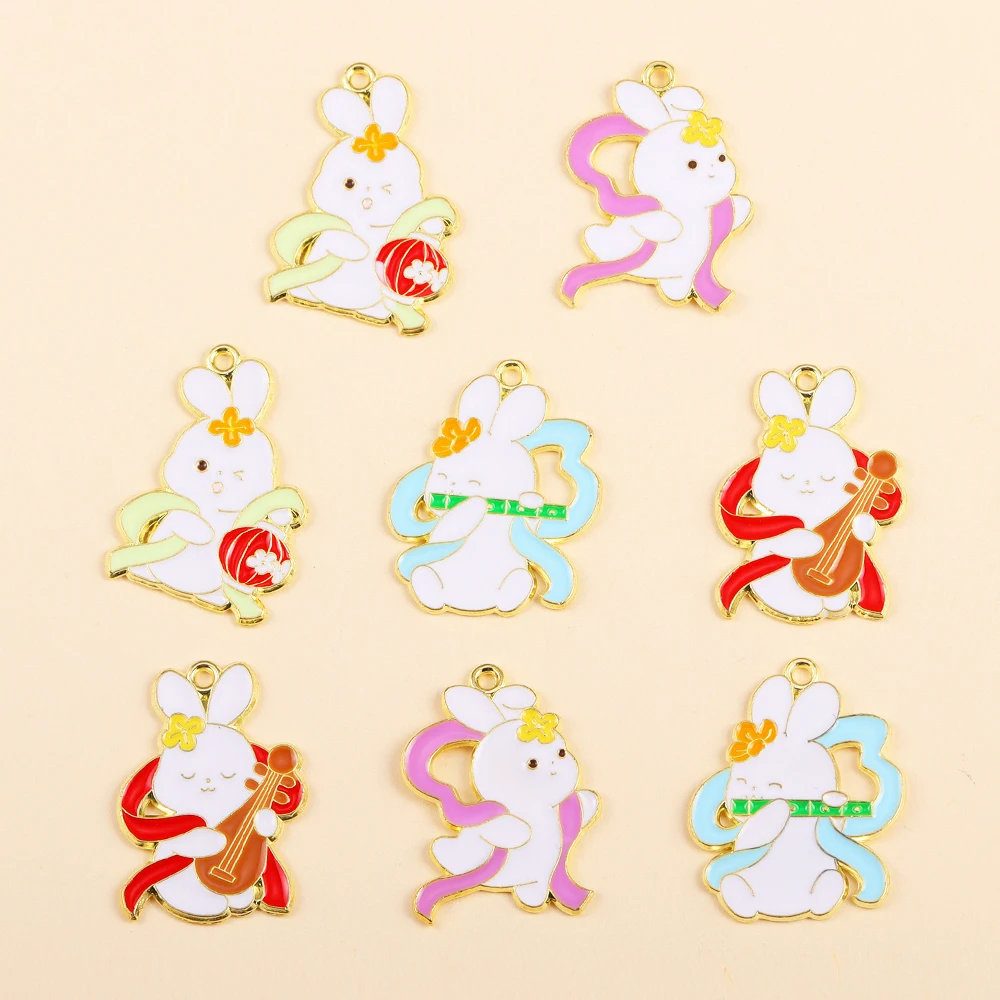 

10Pcs Chinese Style Cartoon Rabbit Charm for Jewelry Making Supplies Cute Enamel Animal Pendant Earrings Diy Craft Accessories