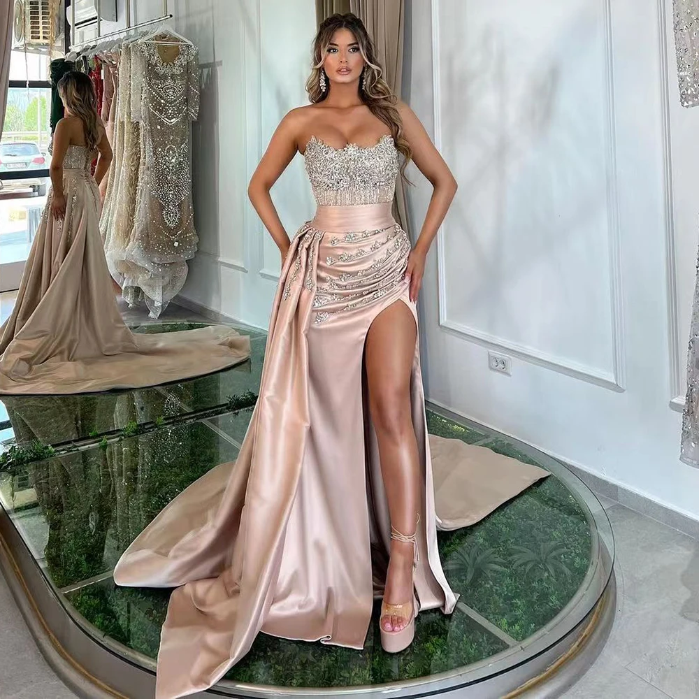 

Hot Sale High Split With Skirt Mermaid Nude Strapless CRYSTAL Beaded Evening Dresses Gowns For Women Party 2023 LA72135