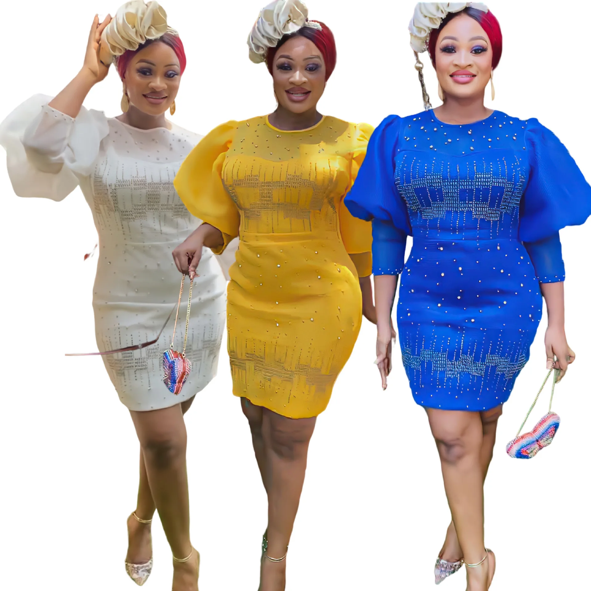 

2023 African Dresses for Women Polyester African Women Half Sleeve O-neck Blue Yellow White Mini Dress African Clothes Women